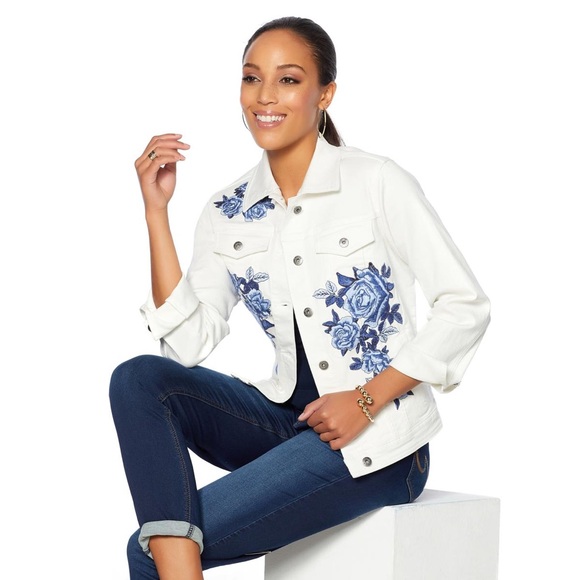 NEW NWT | DG2 by Diane Gilman Virtual Stretch Embroidered Denim Jacket | Large - Picture 1 of 8